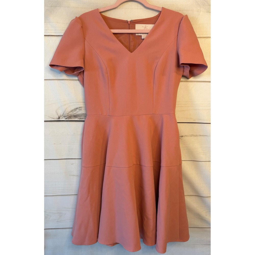 Gal Meets Glam Collection V-Neck Fit Flare Dress Pink Short Sleeve Sz 8